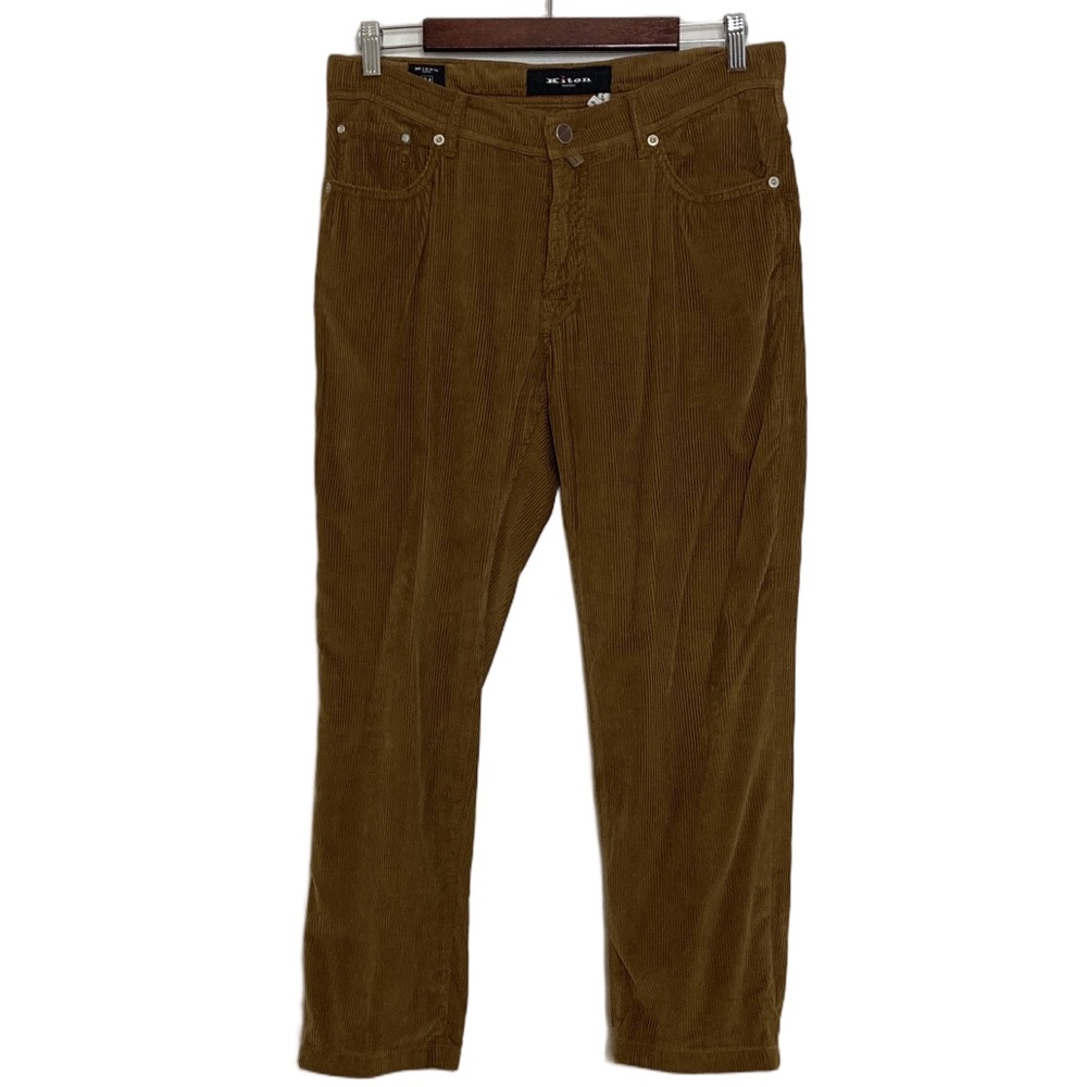 Kiton Pants Men 33 x 25 Camel Brown Cotton Corduroy Slim Trousers Made in Italy